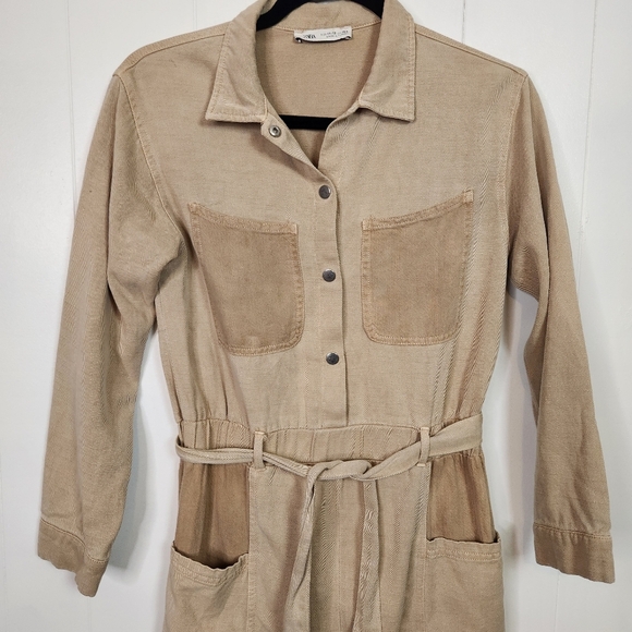 Zara Girls One piece Jumpsuit Union Suit Pants Long Sleeve Utility Beige 11 12 - Picture 2 of 8